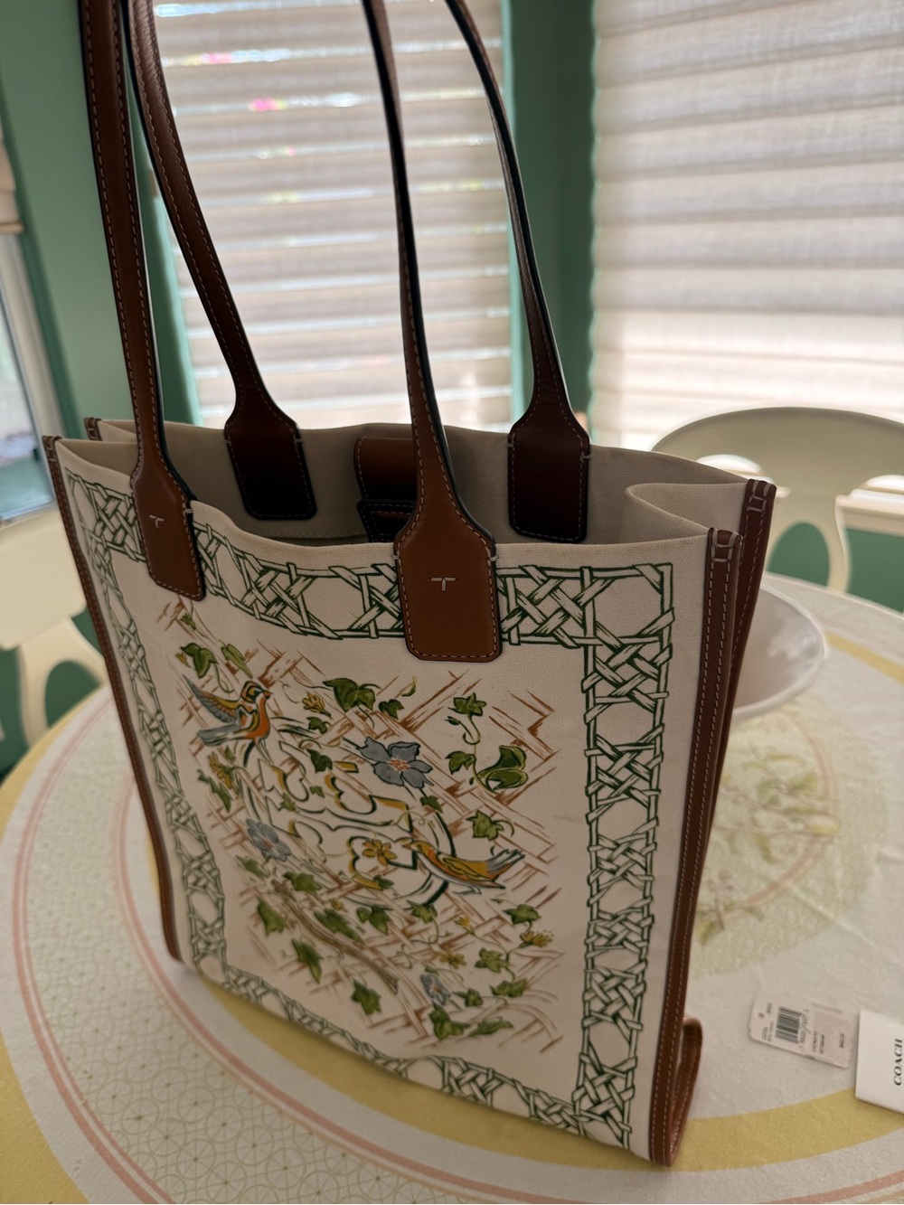 Canvas Nature Print Tote Bag with Rich Leather Trim